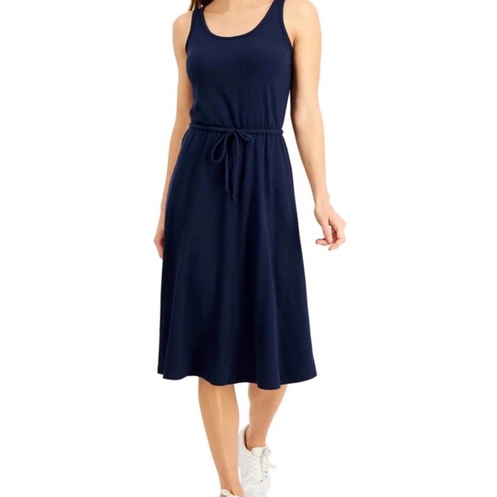 Style & Co. Navy Sleeveless Midi Dress with Drawstring Waist